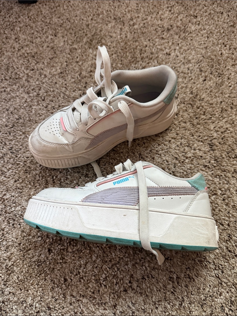 Girls 4.5 Puma White Sneakers with Mint Green & Lavender Accents